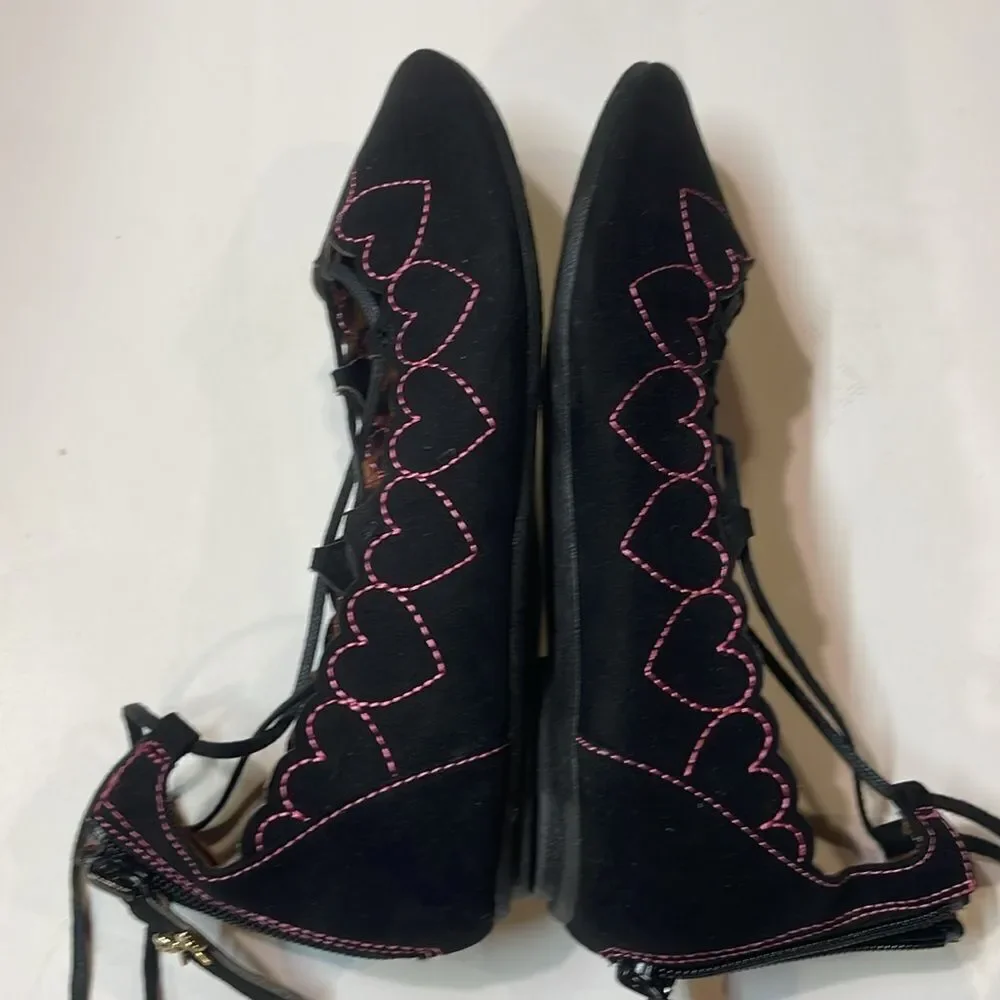 Betsey Johnson Little Girls Black Lace Up Microsuede Ballet Flats Sz 2